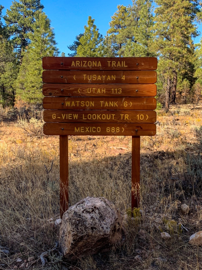 Wood Arizona Trail sign stands among brown ricegrass and green ponderosa pines against a brilliant blue sky.  Gold lettering spell out distances north to Tusayan (4 miles) and Utah (113 miles) and south to Watson Tank (6 miles), Grandview Lookout (10) and Mexico (688).