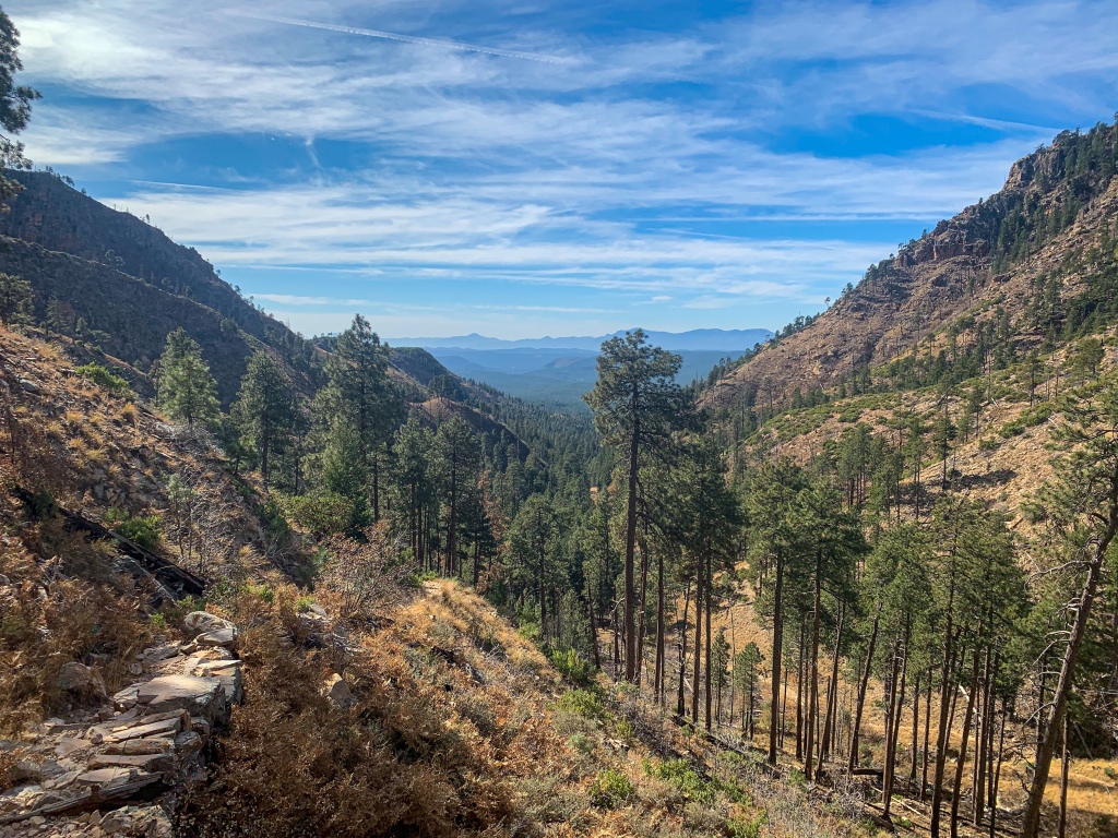 Looking out through the canyons of the Mogollon Rim as the Arizona Trail prepares to drop down off the Colorado Plateau.  Green trees stand among exposed rock, a few green bushes and brown grass against a blue sky with the shadows of mountains in the distance.